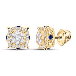 Womens Round Diamond Blue Sapphire Cluster Earrings 5/8 Cttw 14kt Yellow Gold - REF-41X9A