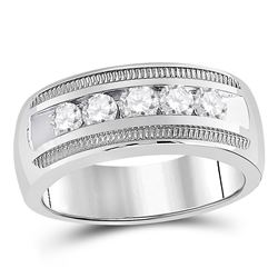 Mens Round Diamond Wedding 5-Stone Band Ring 1 Cttw 14kt White Gold - REF-164H5R