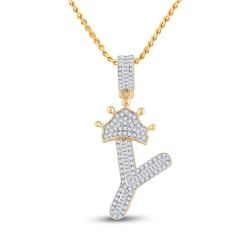 Mens Baguette Diamond Crown Y Letter Charm Pendant 1/2 Cttw 10kt Yellow Gold - REF-25Y9N