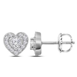 Womens Round Diamond Heart Earrings 1/3 Cttw 14kt White Gold - REF-27F9W