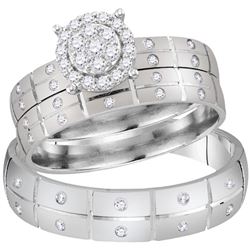 His Hers Round Diamond Cluster Matching Wedding Set 1/3 Cttw 14kt White Gold - REF-57K5Y
