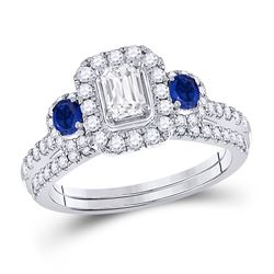 Emerald Diamond Bridal Wedding Ring Band Set 7/8 Cttw 14kt White Gold - REF-96X9A