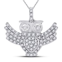 Womens Round Diamond Owl Bird Animal Pendant 1/4 Cttw 10kt White Gold - REF-14W9K