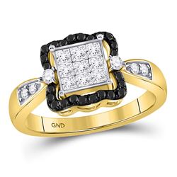 Womens Round Black Color Enhanced Diamond Cluster Ring 3/4 Cttw 10kt Yellow Gold - REF-45F5W