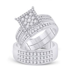 His Hers Round Diamond Square Matching Wedding Set 1-1/2 Cttw 14kt White Gold - REF-142Y5N