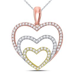 Womens Round Diamond Triple Nested Heart Pendant 1/3 Cttw 10kt Tri-Tone Gold - REF-25N9F
