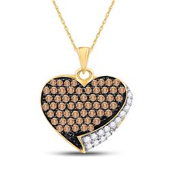 Womens Round Brown Diamond Heart Pendant 7/8 Cttw 10kt Yellow Gold - REF-19M9H