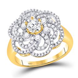 Womens Round Diamond Flower Solitaire Fashion Ring 1 Cttw 10kt Yellow Gold - REF-109F5W