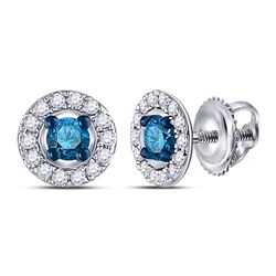 Womens Round Blue Color Enhanced Diamond Stud Earrings 1/3 Cttw 10kt White Gold - REF-13A9M
