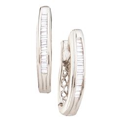 Womens Baguette Diamond Hoop Earrings 1/4 Cttw 14kt White Gold - REF-19A5M