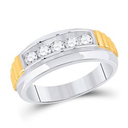 Mens Round Diamond Ribbed 5-Stone Band Ring 5/8 Cttw 10kt Two-tone Gold - REF-65R5X