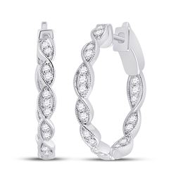 Womens Round Diamond Fashion Hoop Earrings 1/4 Cttw 14kt White Gold - REF-51R5X