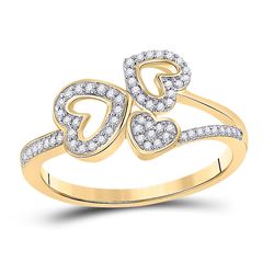 Womens Round Diamond Triple Heart Ring 1/6 Cttw 10kt Yellow Gold - REF-14F9W