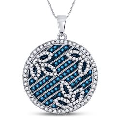 Womens Round Blue Color Enhanced Diamond Circle Floral Pendant 3/4 Cttw 10kt White Gold - REF-27A9M
