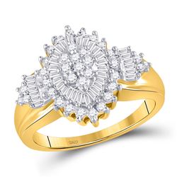 Womens Round Baguette Diamond Oval Cluster Ring 1/2 Cttw 10kt Yellow Gold - REF-26F5W