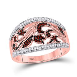 Womens Round Red Color Enhanced Diamond Milgrain Floral Band Ring 1/4 Cttw 10kt Rose Gold - REF-29M9