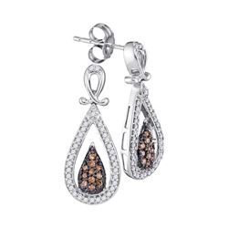 Womens Round Brown Diamond Teardrop Dangle Earrings 1/3 Cttw 10kt White Gold - REF-21Y5N