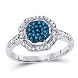 Womens Round Blue Color Enhanced Diamond Octagon Cluster Ring 1/4 Cttw 10kt White Gold - REF-18K9Y