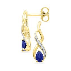 Womens Pear Lab-Created Blue Sapphire Diamond Earrings 1 Cttw 10kt Yellow Gold - REF-17X5A