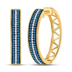 Womens Round Blue Color Enhanced Diamond Hoop Earrings 1/2 Cttw 10kt Yellow Gold - REF-38A9M
