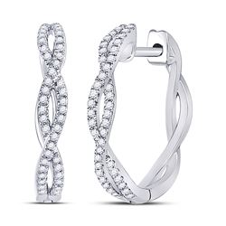 Womens Round Diamond Twist Hoop Earrings 1/5 Cttw 10kt White Gold - REF-19F5W