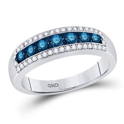 Womens Round Blue Color Enhanced Diamond Band Ring 1/2 Cttw 10kt White Gold - REF-34M5H