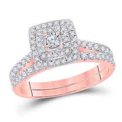 Round Diamond Halo Bridal Wedding Ring Band Set 1/2 Cttw 10kt Rose Gold - REF-35K9Y