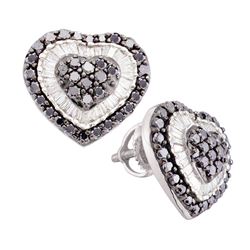 Womens Round Black Color Enhanced Diamond Heart Earrings 1-1/2 Cttw 14kt White Gold - REF-49X9A