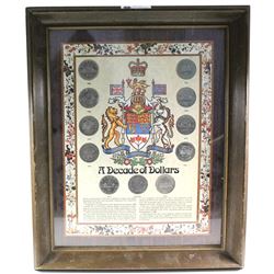 *1968-1977 Canada 'A Decade of Dollars' 11-coin Set in Wooden Frame. You will receive a nickel dolla