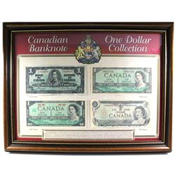 *Canadian Banknote One Dollar Collection in Wooden Frame. You will receive 4 examples of Canadian $1