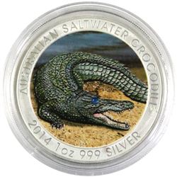 2014 1oz Fine Silver Australian Salt Water Crocodile. Colourized coin with gemstone for eye. Coin co