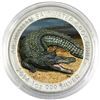 Image 1 : 2014 1oz Fine Silver Australian Salt Water Crocodile. Colourized coin with gemstone for eye. Coin co