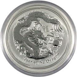 2012 $8 Australian 5 oz. Fine Silver reverse proof Year of the Dragon. Coin comes encapsulated. (Tax