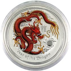 2012 $30 Australian Kilo (32.15oz)  Fine Silver Colourized reverse proof Year of the Dragon. Coin co