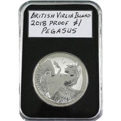 2018 $1 British Virgin Islands 1oz Fine Silver Pegasus. Coin comes in plastic display holder. (Tax E