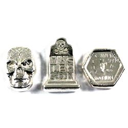Lot of 3 x 1oz fine silver hand poured Beaver Bullion rounds. Lot includes a skull, Tombstone, & Hex