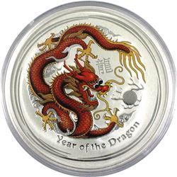 2012 $10 Australian 10oz Fine Silver Colourized reverse proof Year of the Dragon. Coin comes encapsu