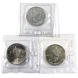 3x 1oz Silver Maple leaf's in original Mint Pliofilm. Lot includes 1988, 1989 & 1990. (Tax Exempt) 3