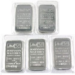 Lot of 5x 1oz J&M 1oz Silver Bars. Lot includes 4x "C" and 1x "A" Serial Numbers Still sealed in ori