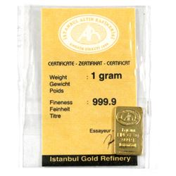1 Gram Pure Gold wafer from Istanbul refiners. .9999 Pure. Comes with C.O.A. (Tax exempt)