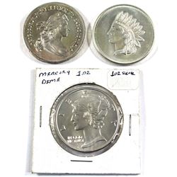 Lot of 3x 1oz Fine Silver rounds. Lot includes: USA Indian Head Design, Flowing Hair Liberty, & Merc
