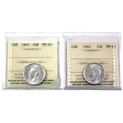 1943 & 1945 Canada 25-cent ICCS Certified MS-63. 2pcs