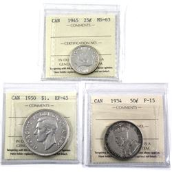 1945 Canada 25-cent ICCS Certified MS-63, 1934 50-cent F-15 & 1950 SWL EF-45. 3pcs