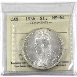 1936 Canada Silver $1 ICCS Certified MS-64.