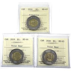 2018 Canada $2 Armistice ICCS Certified MS-65, 2019 $2 MS-66 & 2020 $2 MS-65. 3pcs
