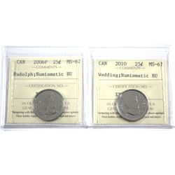 2006P Canada 25-cent Coloured Rudolph & 2010 25-cent Coloured Wedding ICCS Certified MS-67 Numismati