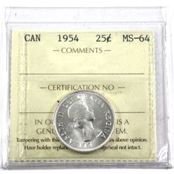 1954 Canada 25-cent ICCS Certified MS-64.