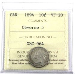 1894 Canada 10-cent Obverse 5 ICCS Certified VF-20.
