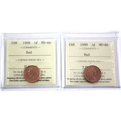1998 & 1999 Canada 1-cent ICCS Certified MS-66 Red. 2pcs