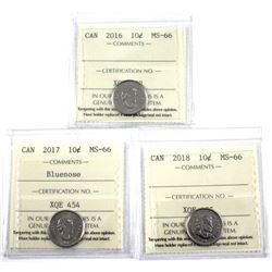 2016, 2017 & 2018 Canada 10-cent ICCS Certified MS-66. 3pcs
